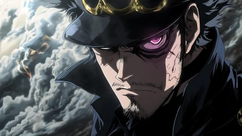 Scarred anime officer with glowing cybernetic eye in storm