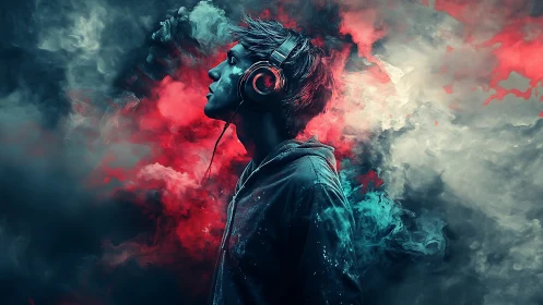Immersed listener in neon vapor clouds renders audio euphoria