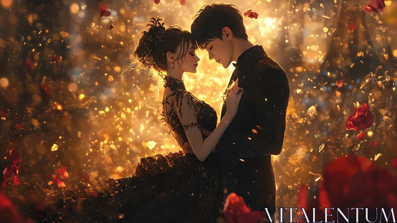 Luminous ballroom embrace amid rose-petal particle cascade.