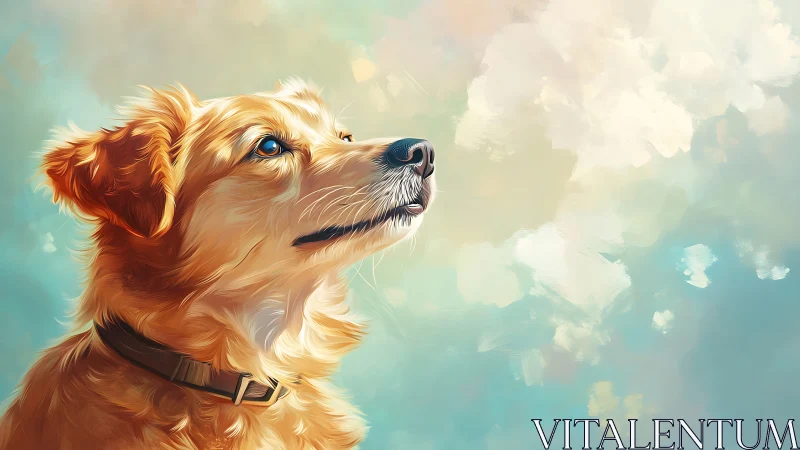 Golden dog portrait against soft abstract pastel sky background.