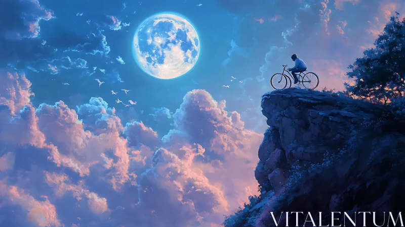 Cyclist on cliff edge under full moon night sky