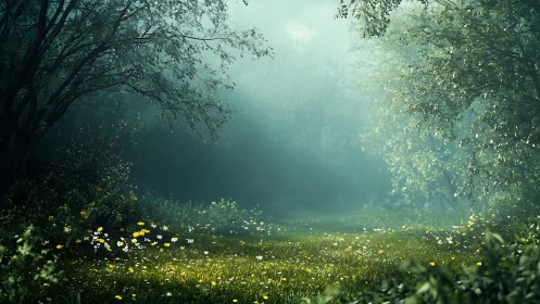 Gentle forest clearing wrapped in dreamy morning mist.