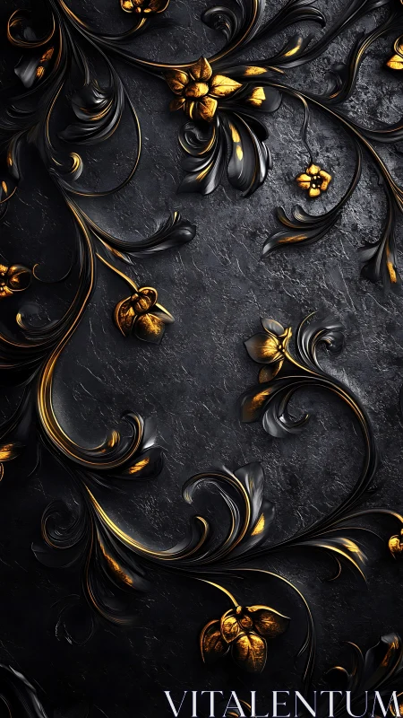 Black surface shows gold accented floral relief in scrollwork