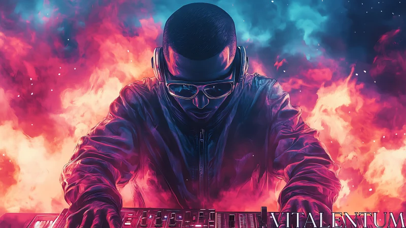 Midnight DJ bends neon fire into pulsing cosmic sound