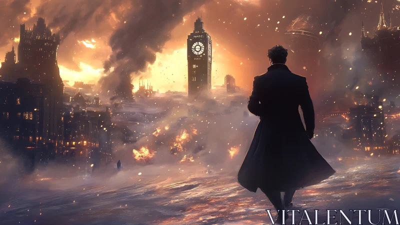 Chronometric silhouette amid incendiary steampunk cityscape.