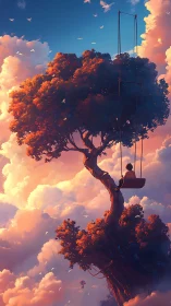 Tall tree with suspended swing above dense cloudscape.