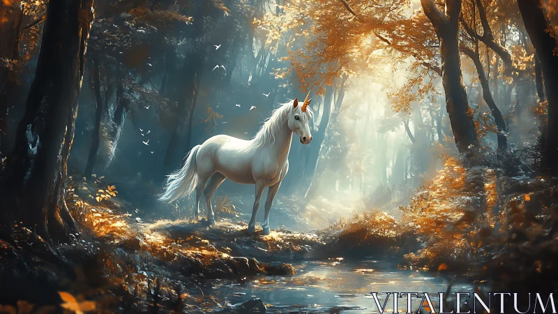 Moonlit unicorn pauses in amber forest hush of wonder.