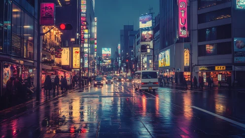 Neon reflections gently brighten a rainy Japanese city street