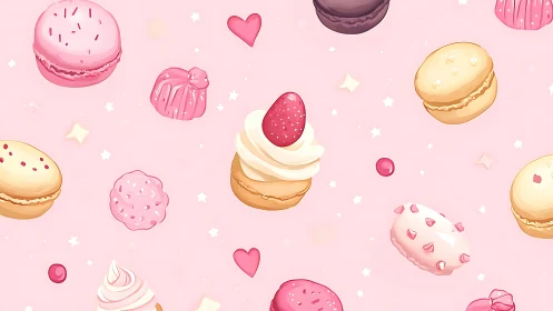 Pastel macarons and sweets scatter across soft pink background