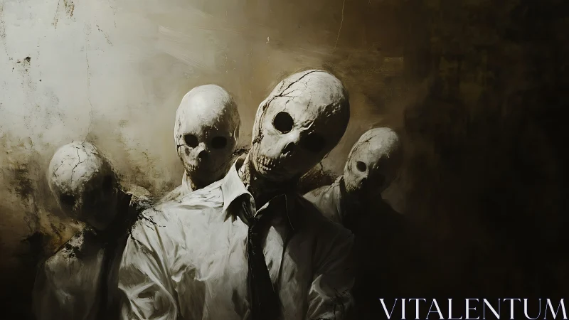 Cracked skull-faced figures loom in a bleak corporate void