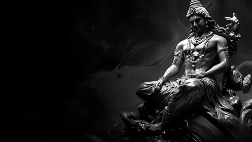 Serene divine figure rests calmly in deep monochrome light