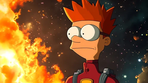Brave red haired space explorer gazes into a fiery galaxy