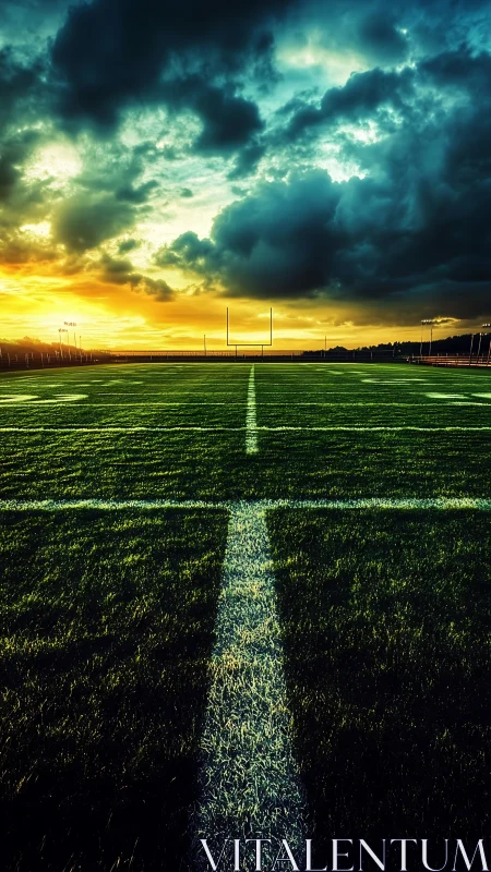 Sunlit football field under dramatic stormy sunset sky.