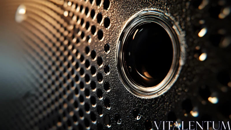 Close-up of Modern Black Speaker Grill with Metallic Texture.