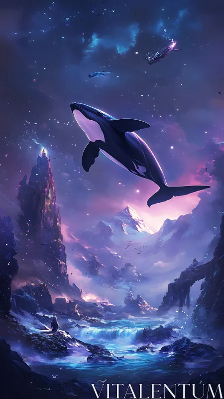 Celestial orca drifts above aurora-splashed ice kingdoms.