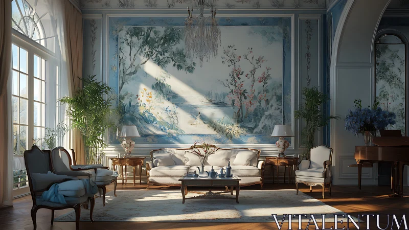 Sunlit classical living room with mural and grand piano