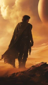 Desert wanderer studies twin-sunned horizon in silence.