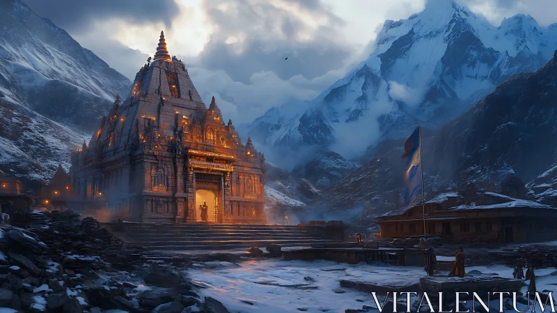 Mountain temple glows against cold twilight peaks and snow