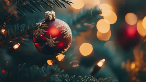 Red glass ornament on lit evergreen branch at close range.