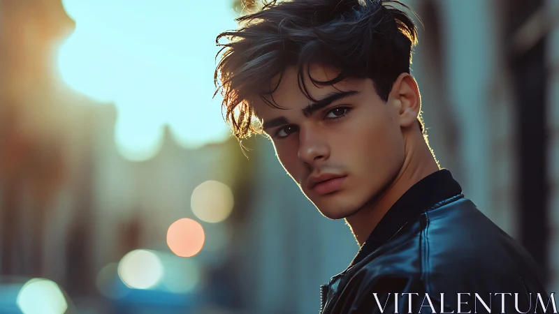 Young man in leather jacket looking back at camera