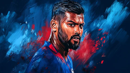 Male sports figure portrait in blue and red digital art.