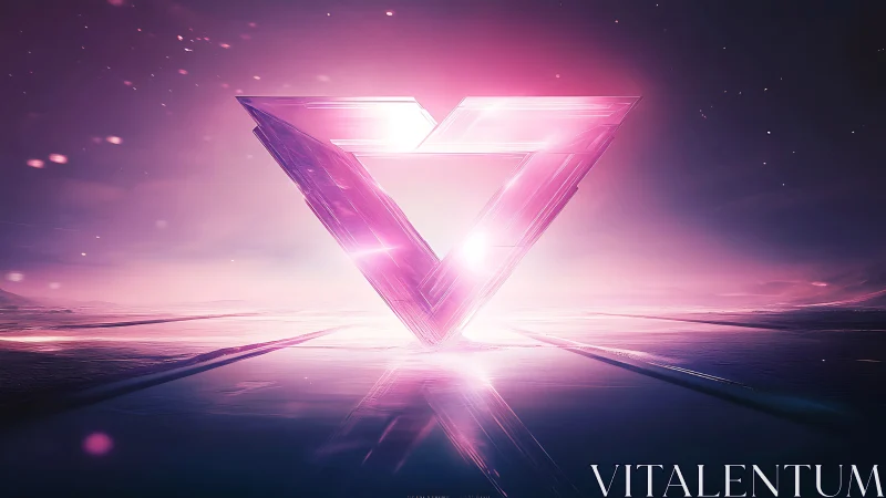 Prismatic neon triangle monolith in luminous sci fi horizon.