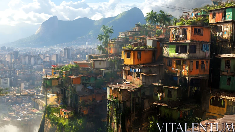 Cliffside favela gardens bask in wild tropical city light.