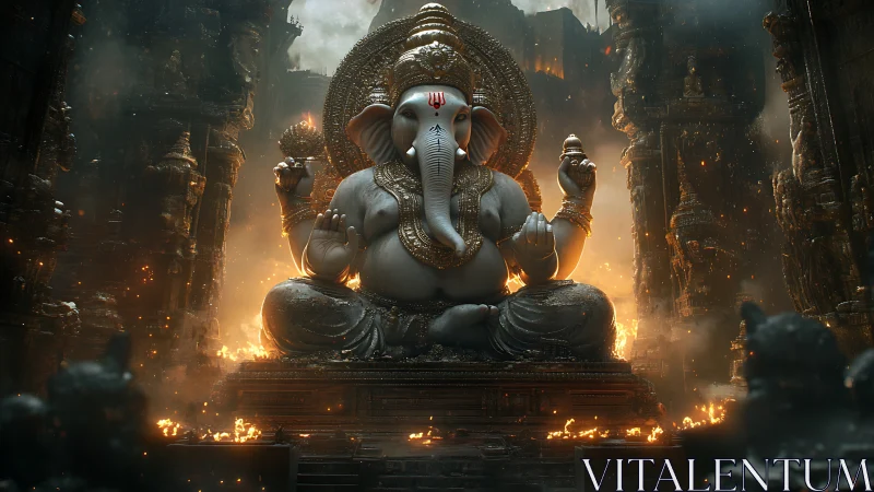 Majestic Ganesha deity in glowing temple interior.