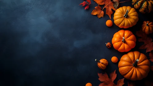 Autumn pumpkins on navy background with moody side lighting.