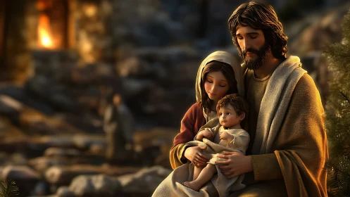 Holy family cradles infant under warm lamplight at night