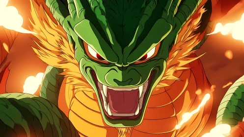 Green serpentine dragon head with flames in background.
