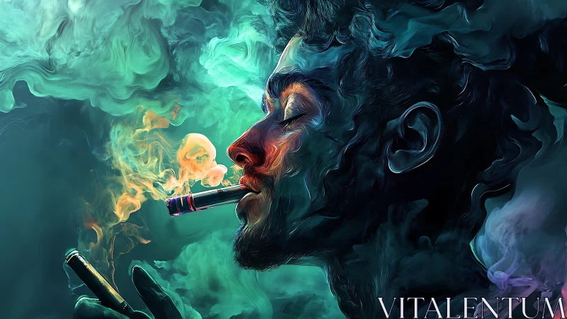 Profile view of man vaping in dense colored smoke field.