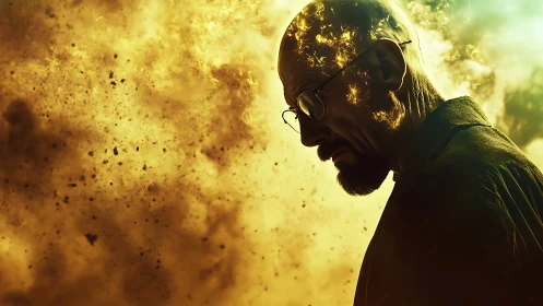 Profile silhouette against dense golden smoke cloud.