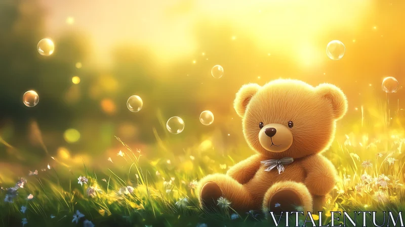 Backlit plush teddy bear with soap bubbles in golden meadow