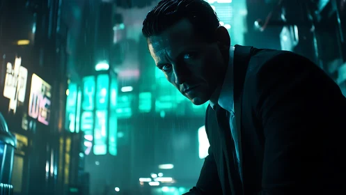 Neon lit noir protagonist in rain soaked cyberpunk alleyway.
