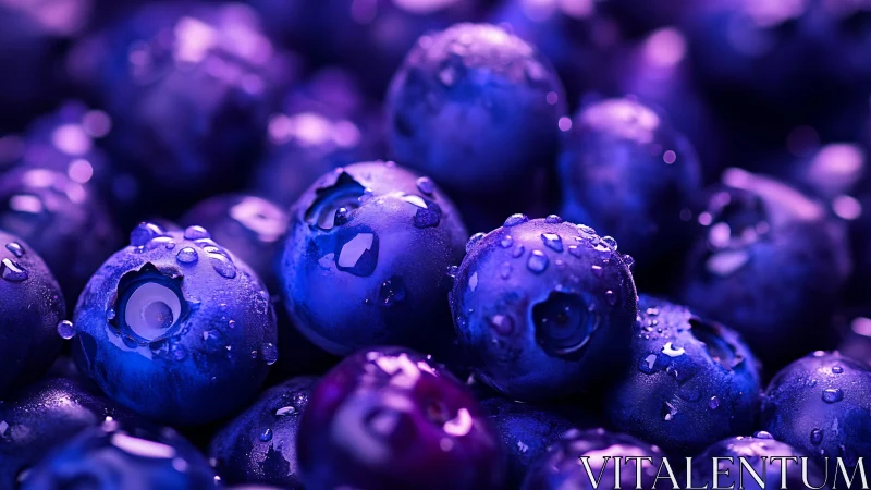 Close-up macro shows wet blueberries in vivid purple light