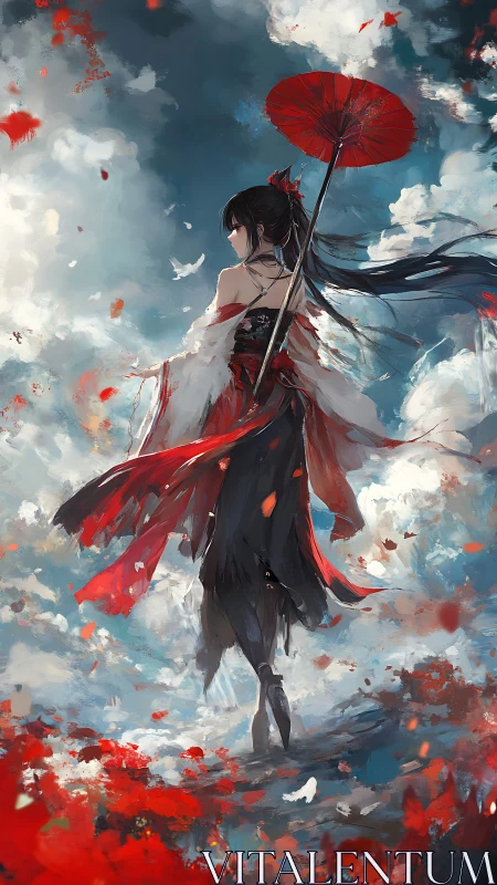 Scarlet-clad wanderer with umbrella amid stormy sky.