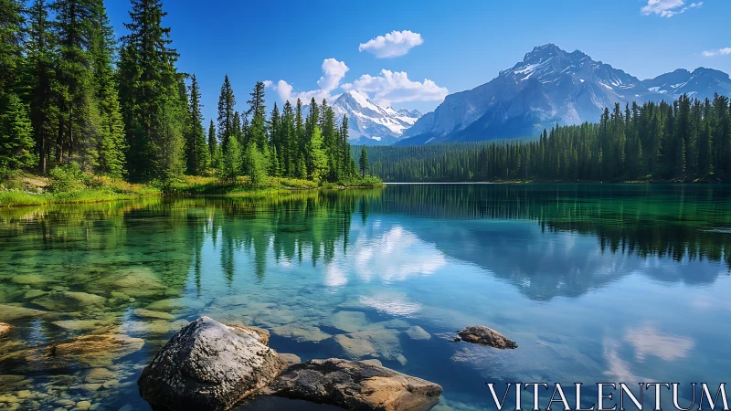 Mountain lake reflects conifer forest and distant snow peaks
