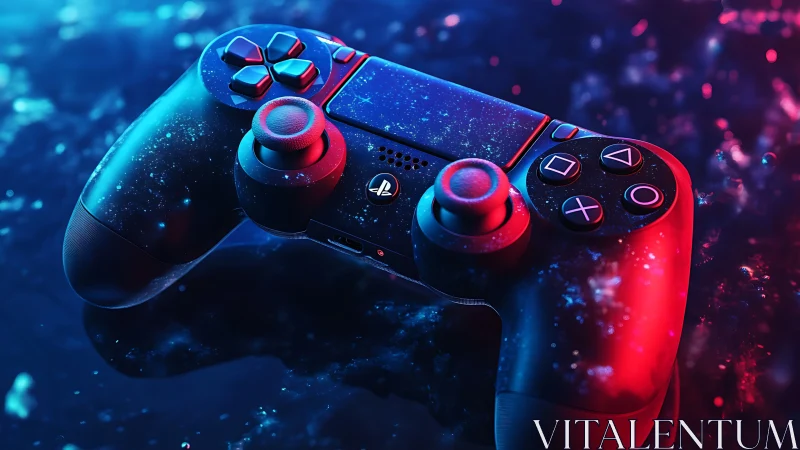 Neon-Lit Gaming Controller Glowing in Cosmic Particles.