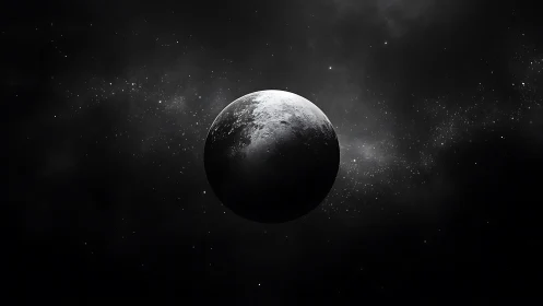 Monochrome moon drifts through dense starfield in shadowed void.