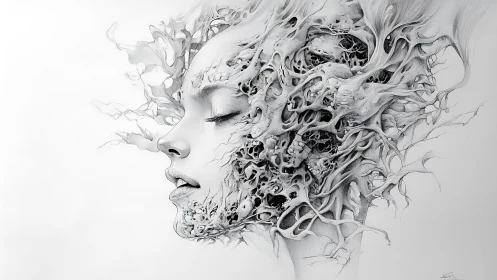 Surreal female profile dissolving into biomorphic skeletal lattice