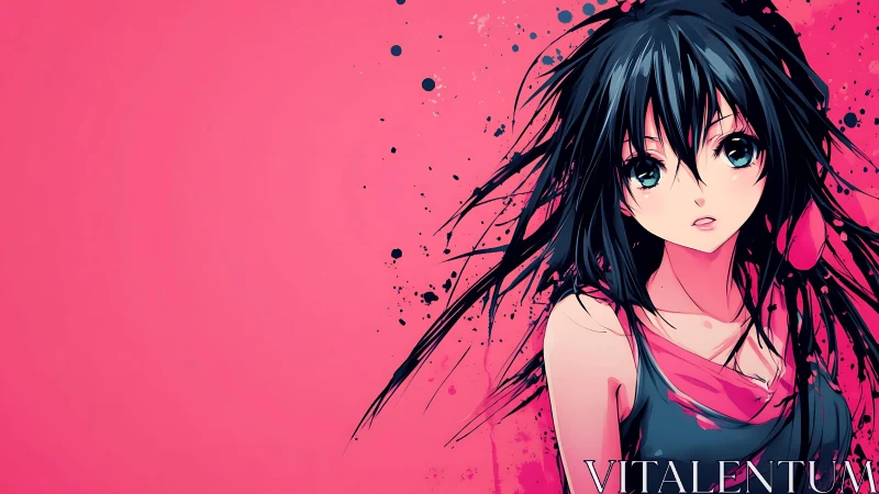 Ink-splashed anime girl adrift in electric pink silence.