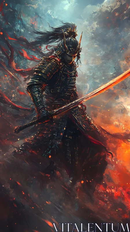 Digital painting of samurai warrior amid swirling firestorm clouds.
