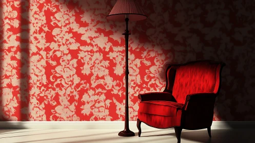 Red upholstered armchair and floor lamp against patterned wall.