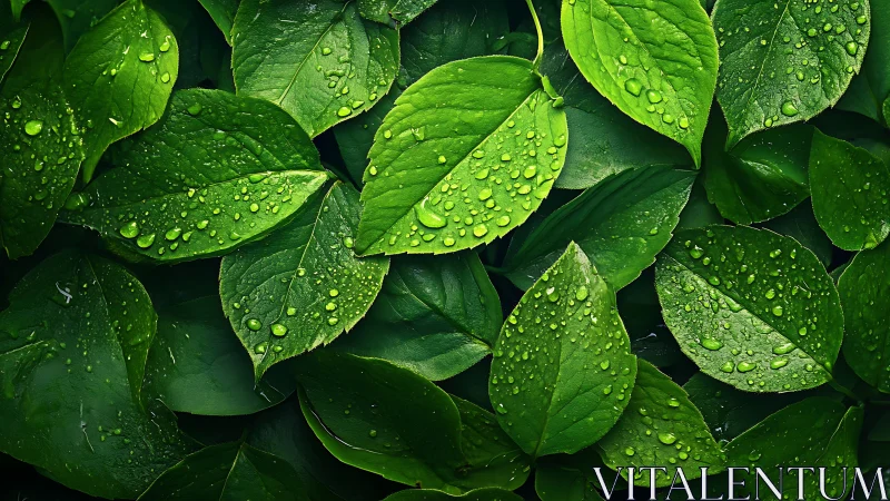 Lustrous green leaves layered with crystal rain droplets.