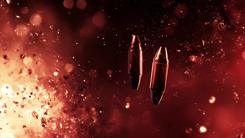Exploding red shrapnel surrounds suspended metallic bullets
