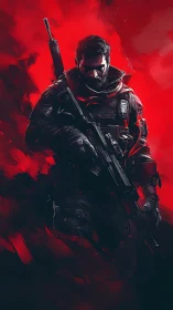 Armored rifleman stands against abstract red digital field