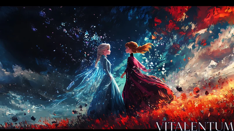 Elemental sisters meet within exploding storm of color.