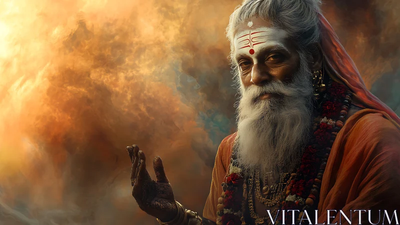 Mystic sage portrait amid swirling fiery clouds background.