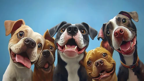 Vibrant digital portrait aligns five expressive dogs in close-up